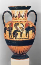Amphore à figures noires chalcidienne représentant un sphinx flanqué de deux lions, par le Peintre de Polyphème, 540-30 av. J.-C.